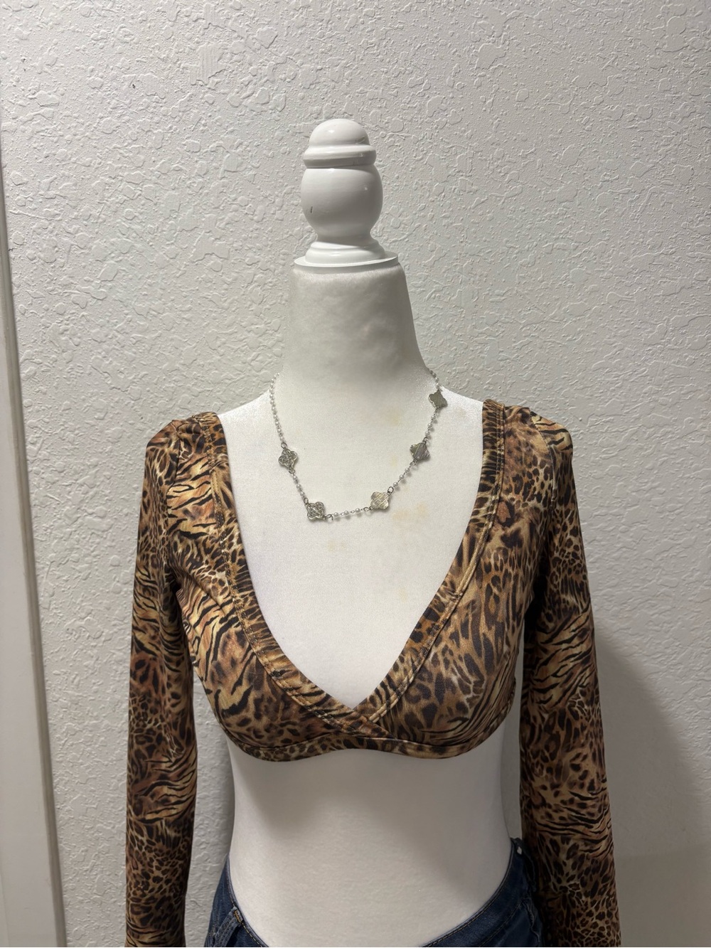 Brandy Melville Brown Leopard-Print Long Sleeve Crop Top